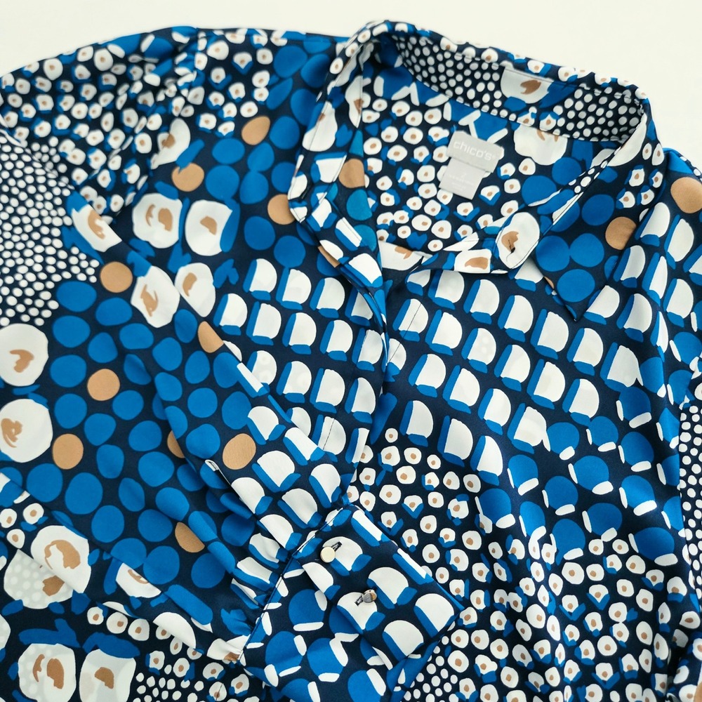 Chico's Button Down Blouse Blue‎ Geometric Floral Dot Print Women Size 2 (12/14)